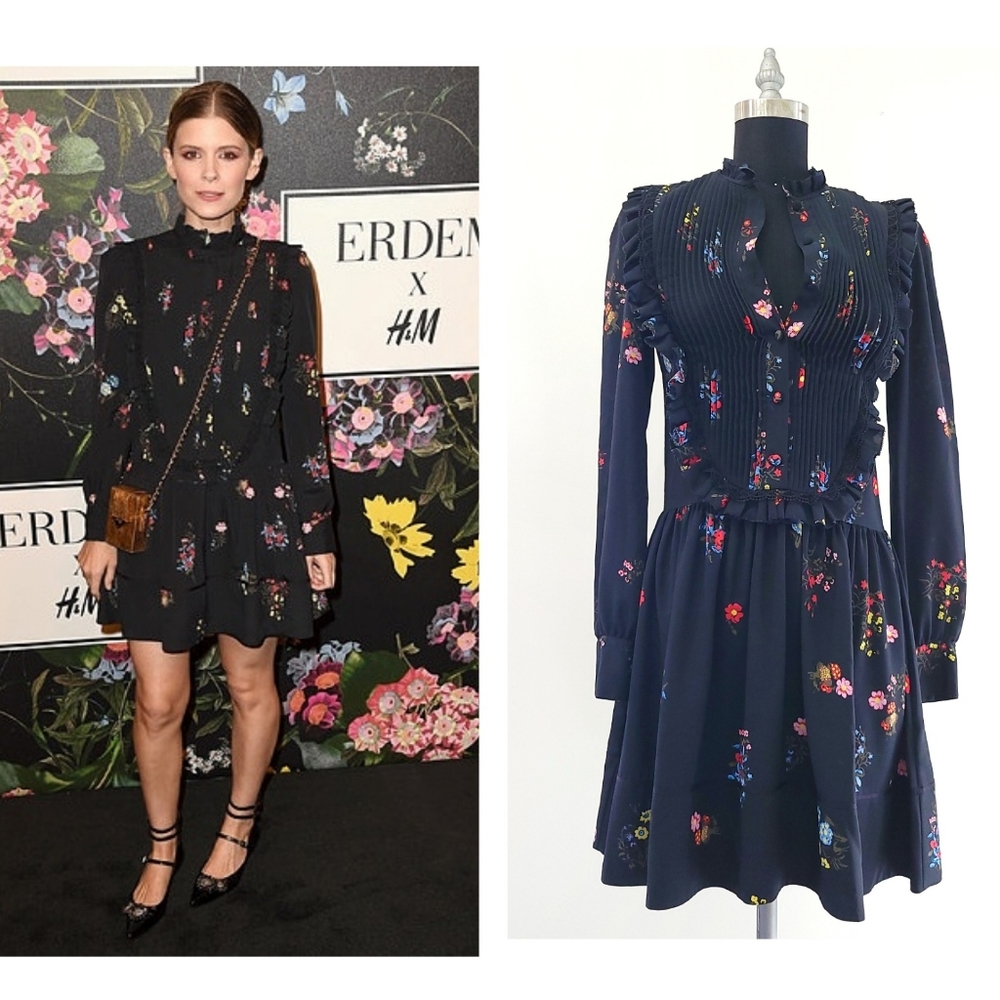 Erdem x H&M Dark Floral High Neck Victorian Puff Sleeve Pleated Ruffle Dress